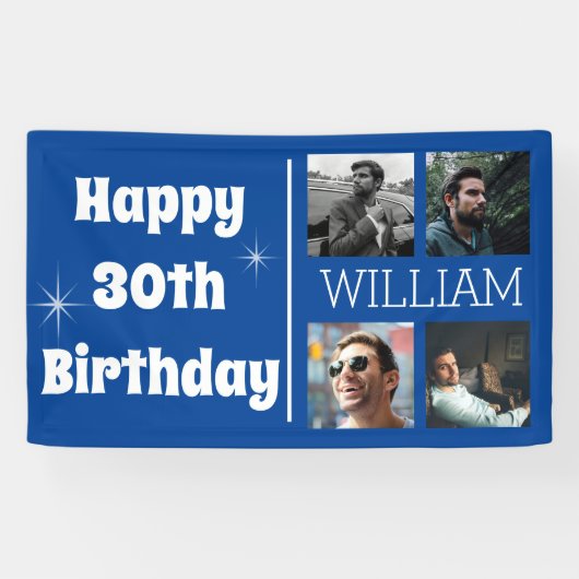 Koel Blauw Foto Collage Leeftijd Verjaardag Spandoek (Horizontaal)