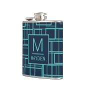 Koel blauw geometrisch rasterpatroon met monogramf heupfles (Links)