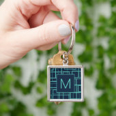 Koel Blauw Geometrisch Rasterpatroon Monogram Sleutelhanger (Hand)