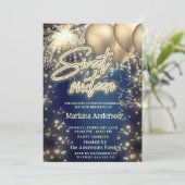 Koel blauw goud ballon sprankelend vuurwerk kaart (Staand voorkant)