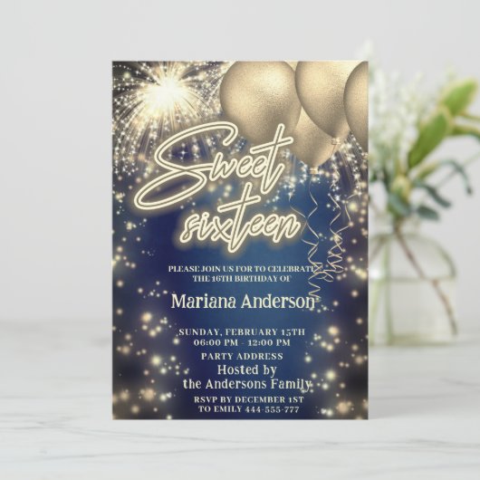 Koel blauw goud ballon sprankelend vuurwerk kaart (Staand voorkant)