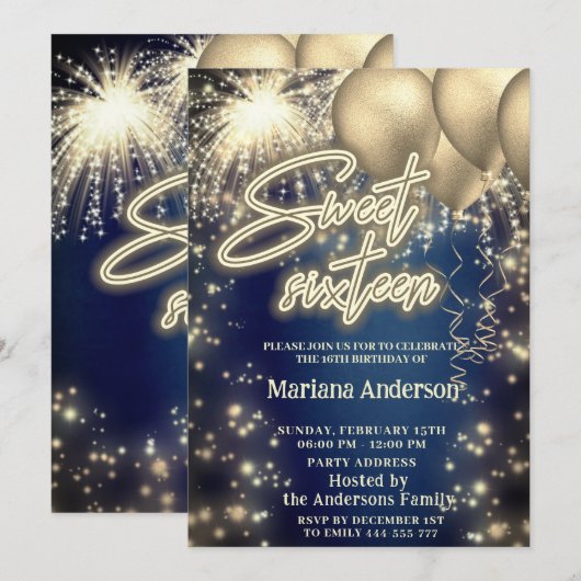 Koel blauw goud ballon sprankelend vuurwerk kaart (Voorkant / Achterkant)