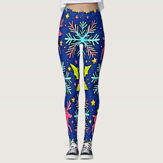 Koel Blauw Kerst Rendier Patroon Ontwerp Leggings (Voorkant)