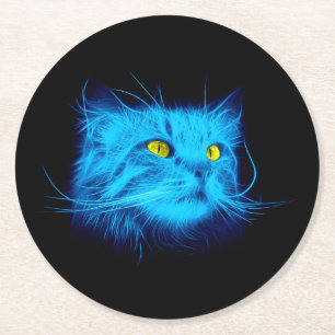Koel Blauw Neonkat Kunst - Glowend Dierendesign Ronde Kartonnen Onderzetter
