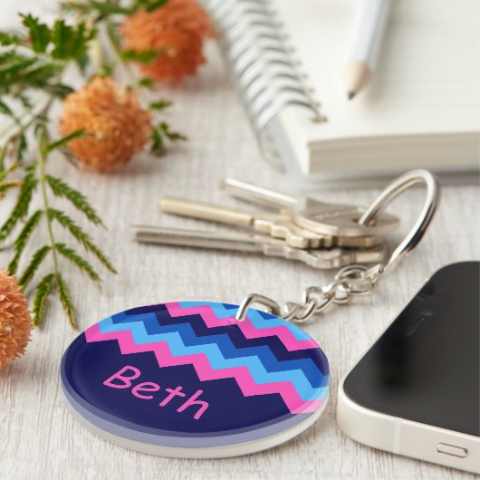 Koel Blauw Roze Chevron Monogram Cirkel Sleutelhan Sleutelhanger (Voorkant Rechts)