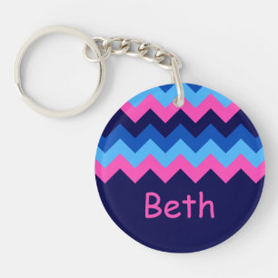 Koel Blauw Roze Chevron Monogram Cirkel Sleutelhan Sleutelhanger