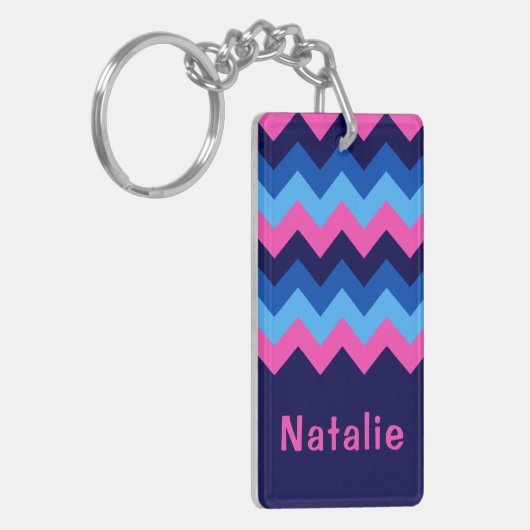 Koel Blauw Roze Chevron Monogram Rechthoek Sleutel Sleutelhanger (Voorkant Links)
