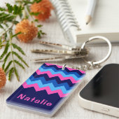 Koel Blauw Roze Chevron Monogram Rechthoek Sleutel Sleutelhanger (Voorkant Rechts)
