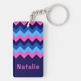 Koel Blauw Roze Chevron Monogram Rechthoek Sleutel Sleutelhanger
