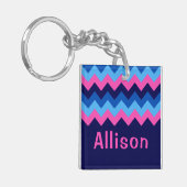 Koel Blauw Roze Chevron Monogram Vierkante Sleutel Sleutelhanger (Voorkant Links)