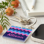 Koel Blauw Roze Chevron Monogram Vierkante Sleutel Sleutelhanger (Voorkant Rechts)