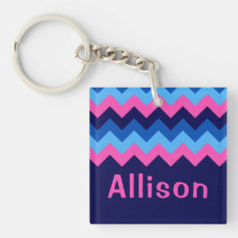 Koel Blauw Roze Chevron Monogram Vierkante Sleutel Sleutelhanger