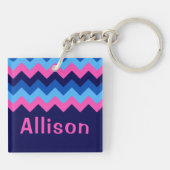Koel Blauw Roze Chevron Monogram Vierkante Sleutel Sleutelhanger (Achterkant)