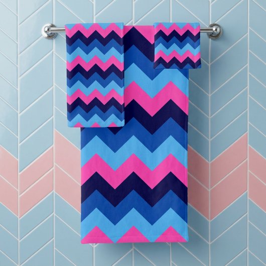Koel Blauw Roze Chevron Patroon Bad Handdoek Set