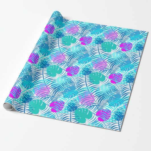 Koel Blauw Tropisch Palmleder met warmroze Cadeaupapier (Uitgerold)