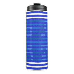 Koel Blauw Witte Geometrische Strepen Thermosbeker