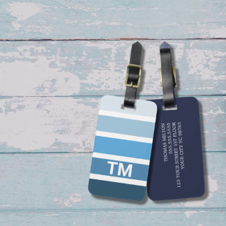 Koel Blauw Witte Strepen Monogram Bagagelabel