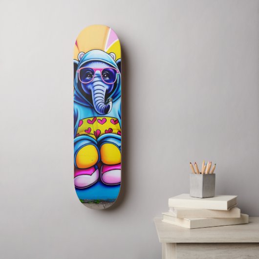 Koel blauwe olifant met bril persoonlijk skateboard (Muurkunst)