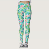 Koel Blauwgroen flessenpatroon Botanische Waterver Leggings (Voorkant)