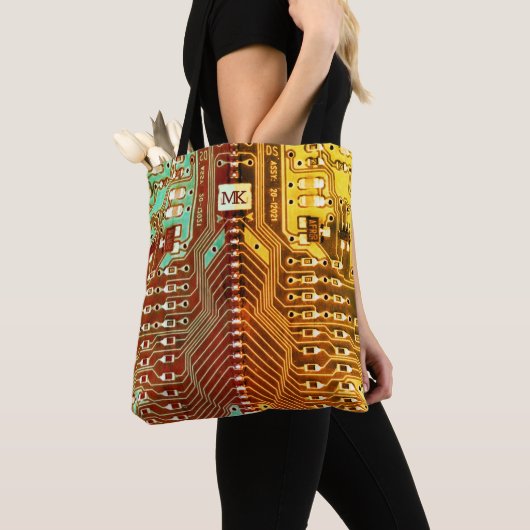 Koel Blauwgroen geel Uniek Retro Steampunk Monogra Tote Bag (Dichtbij)