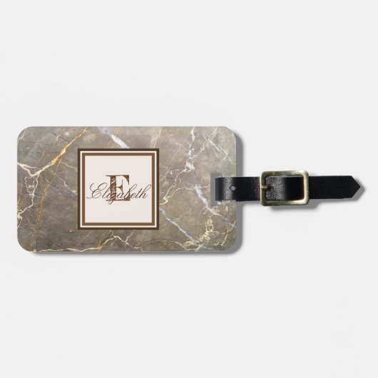 Koel bruin marmer textuur, Monogram - Gepersonali Bagagelabel (Voorkant horizontaal)
