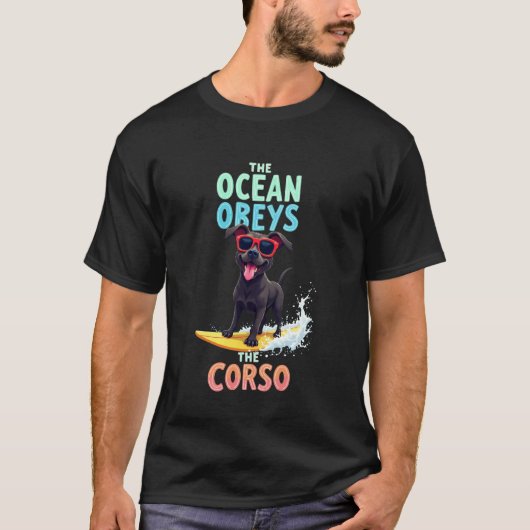 Koel Cane Corso Surfende Hond T-shirt (Voorkant)