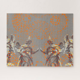 Koel collage van sculpturen en oranje cirkels legpuzzel