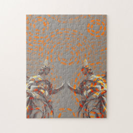 Koel collage van sculpturen en oranje cirkels legpuzzel