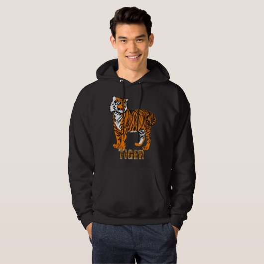 Koel contrast goed werk van tijgerillustratie zwar hoodie (Voorkant volledig)