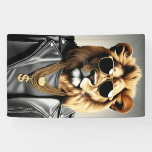Koel dier met zonnebril en een leren jas spandoek