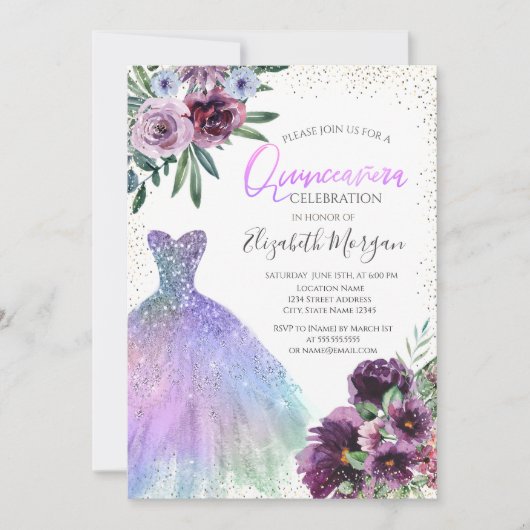 Koel dress, Confetti Violet Flowers Quinceañera Kaart (Voorkant)