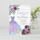 Koel dress, Confetti Violet Flowers Quinceañera Kaart (Staand voorkant)