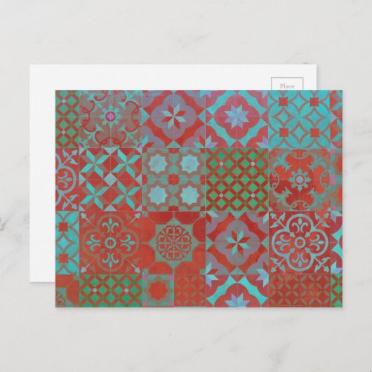 Koel-, driedubbele Egeïsche tegels in rood en blau Briefkaart (Voorkant / Achterkant)