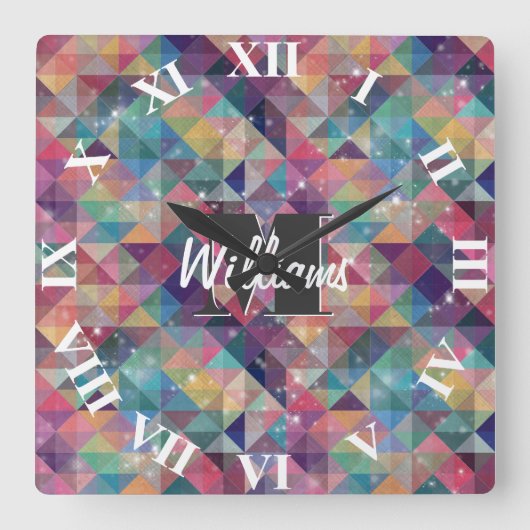 Koel een modern kleurrijk driehoeksgeometrisch pat vierkante klok (Voorkant)