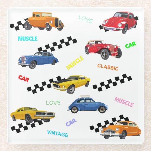 Koel  en klassieke auto's op één plaats glazen onderzetter (Voorkant)