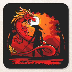 Koel en kleurrijke Samurai Warrior met draak Kartonnen Onderzetters