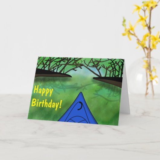 Koel en vredig bos en blauwe kajak verjaardag kaart (Gele Bloem)