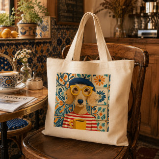 Koel Franse hond die koffie drinkt en een baret ho Grote Tote Bag
