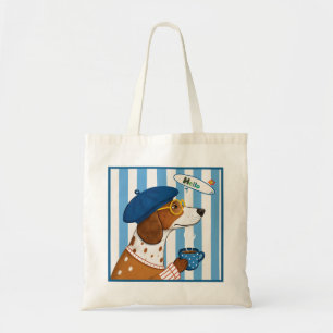 Koel Franse hond die koffie drinkt en een baret ho Tote Bag