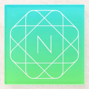 Koel geometrisch monogram   Blauw & Lime Groen Omb Glazen Onderzetter