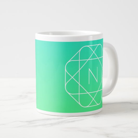 Koel geometrisch monogram | Blauw & Lime Groen Omb Grote Koffiekop (Voorkant rechts)
