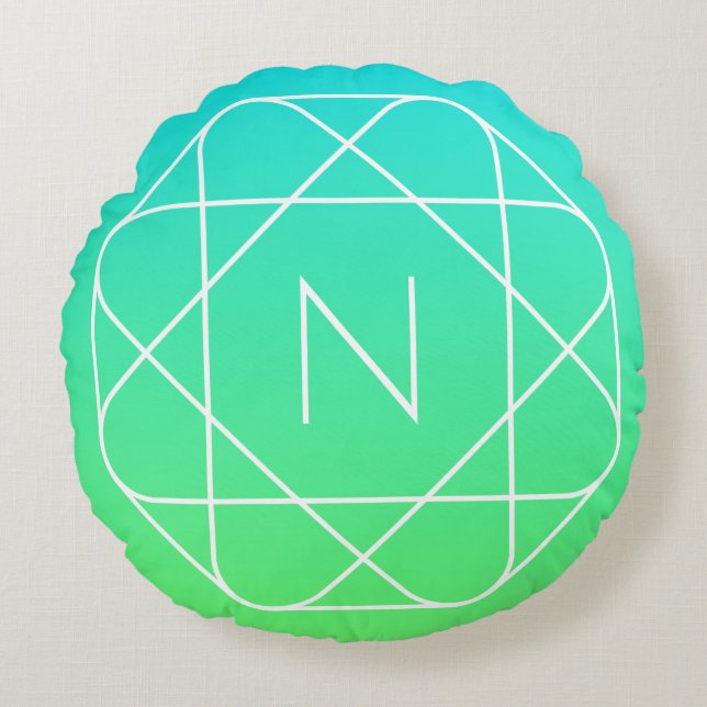 Koel geometrisch monogram | Blauw & Lime Groen Omb Rond Kussen (Voorkant)
