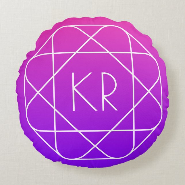 Koel Geometrisch Monogram | Magenta Paars Violet Rond Kussen (Voorkant)