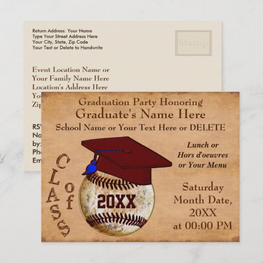 Koel gepersonaliseerde honkbal afstudeeruitnodigin uitnodiging briefkaart (Voorkant / Achterkant)
