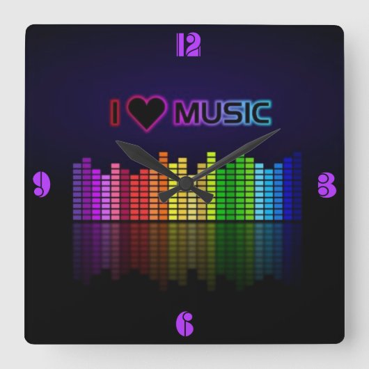Koel geweldige trendy "I Love Music" neonkleuren Vierkante Klok (Voorkant)