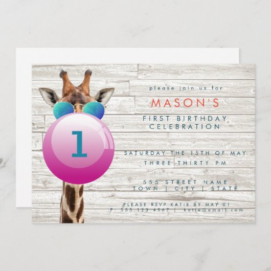 Koel Giraffe en bubblegum | partijuitnodiging Kaart (Voorkant / Achterkant)