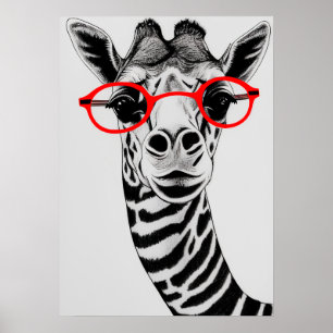 Koel Giraffe in Giraffe met rode glazen Tekening A Poster