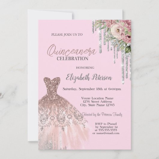 Koel Glitter-schijven, Dress Floral Pink Quinceane Kaart (Voorkant)