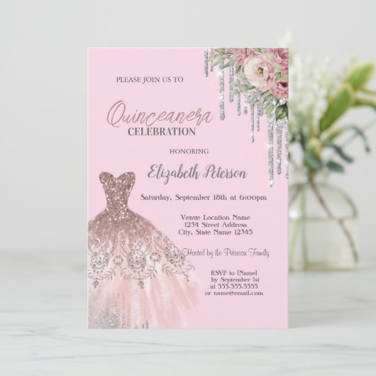 Koel Glitter-schijven, Dress Floral Pink Quinceane Kaart (Staand voorkant)