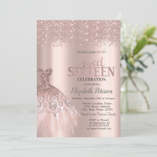 Koel glitterstof, jurk roze goud zoete 16 kaart (Staand voorkant)